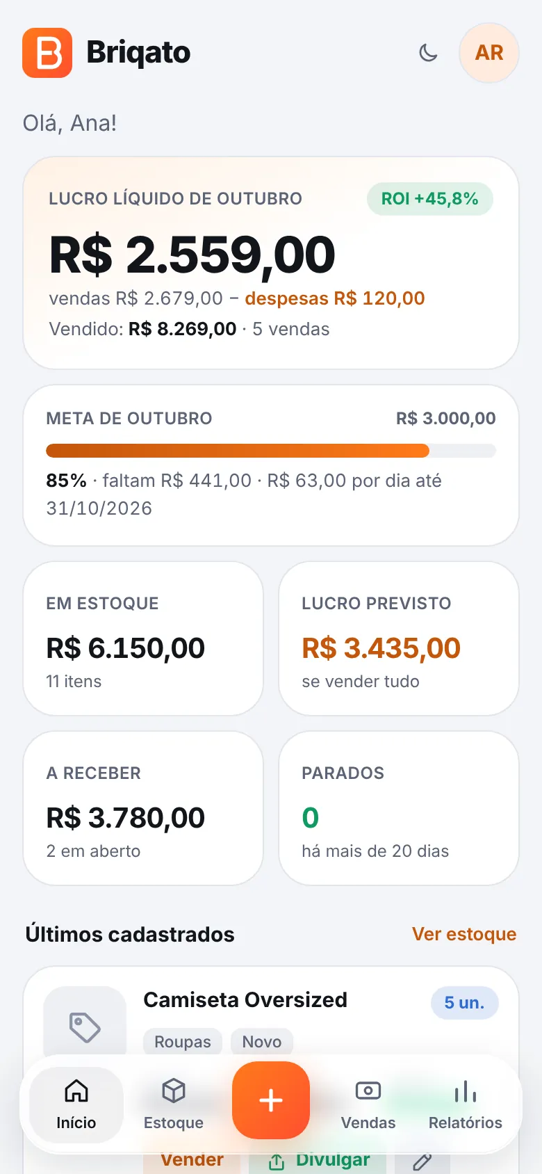 Tela inicial do Briqato com o lucro líquido do mês, a meta e o estoque